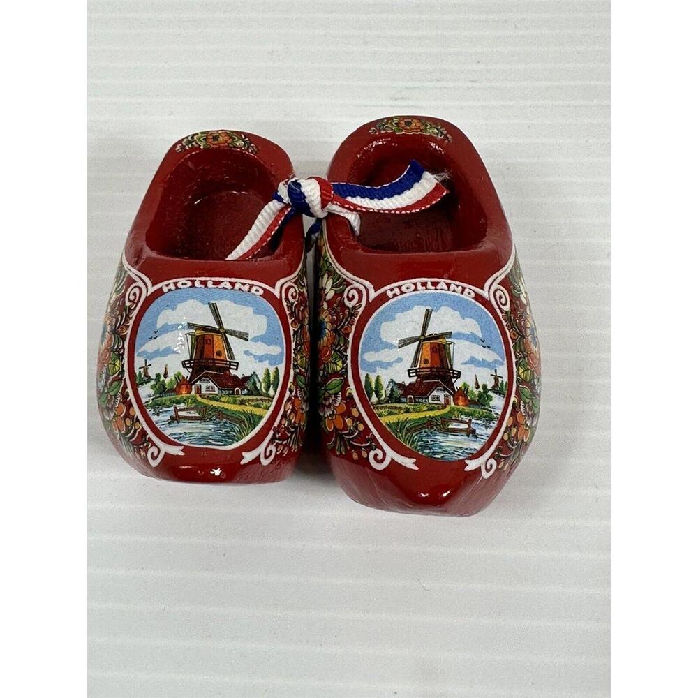VTG Handpainted Mini Wooden Clogs Holland Windmills Red Matching Pair Souvenir